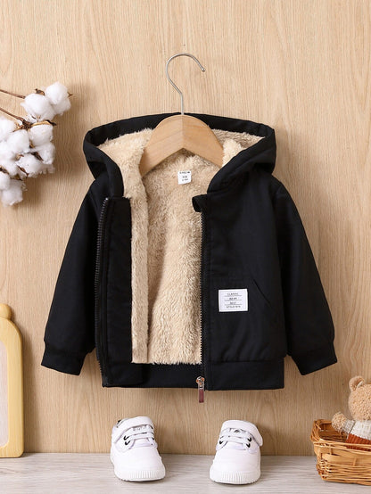 Playful Pals 1pc Toddler Infant Baby Boy Patch Detail Casual Solid Color Hooded Sweatshirt Cozy Teddy Lined Hooded Jacket With Pocket Fall/Winter