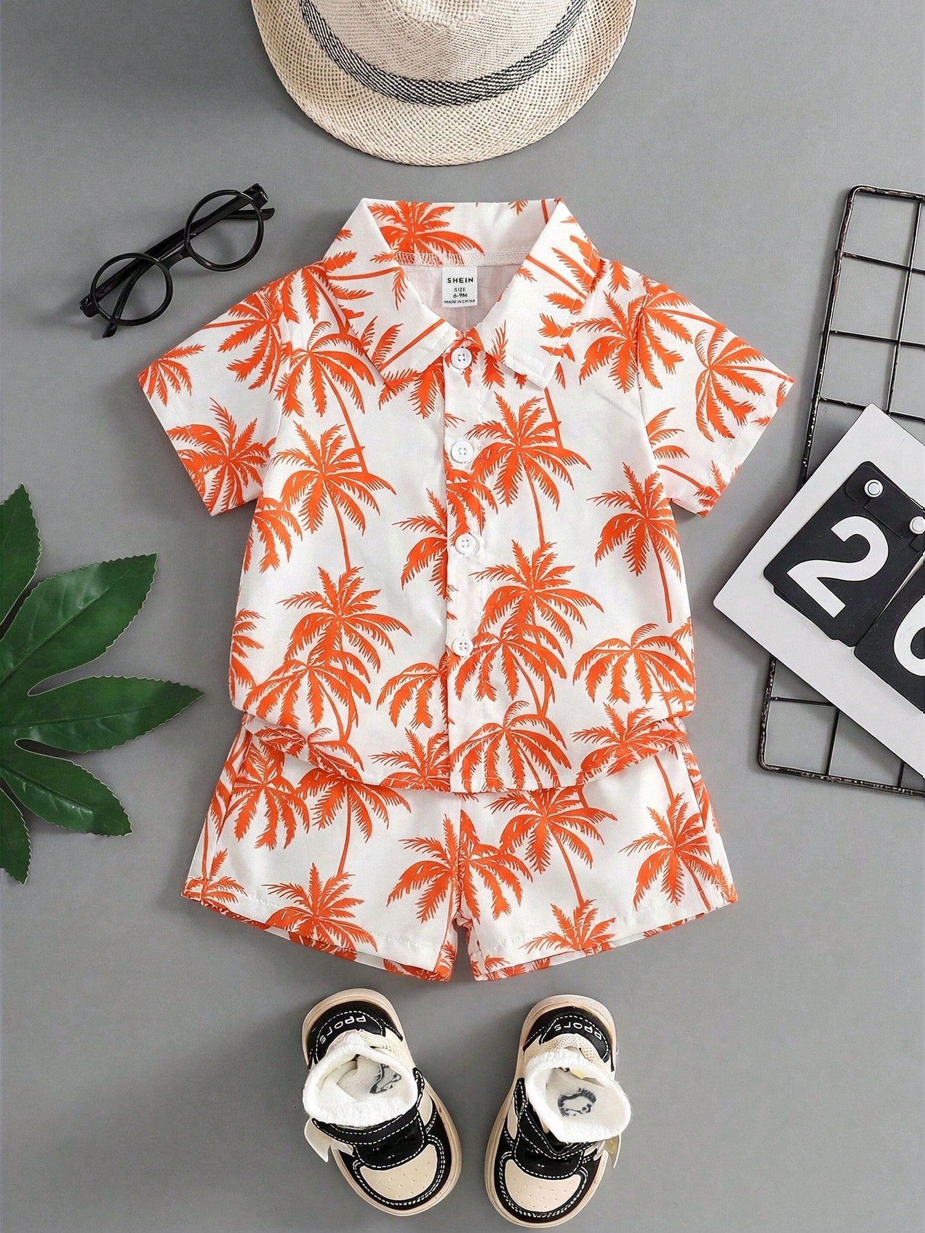 Playful Pals 2-Piece Baby/Toddler Boys' Orange Summer Casual Vacation Holiday Outfit Tropical Plant Pattern Short-Sleeved Hawaiian Shirt&Elastic Waistband Shorts