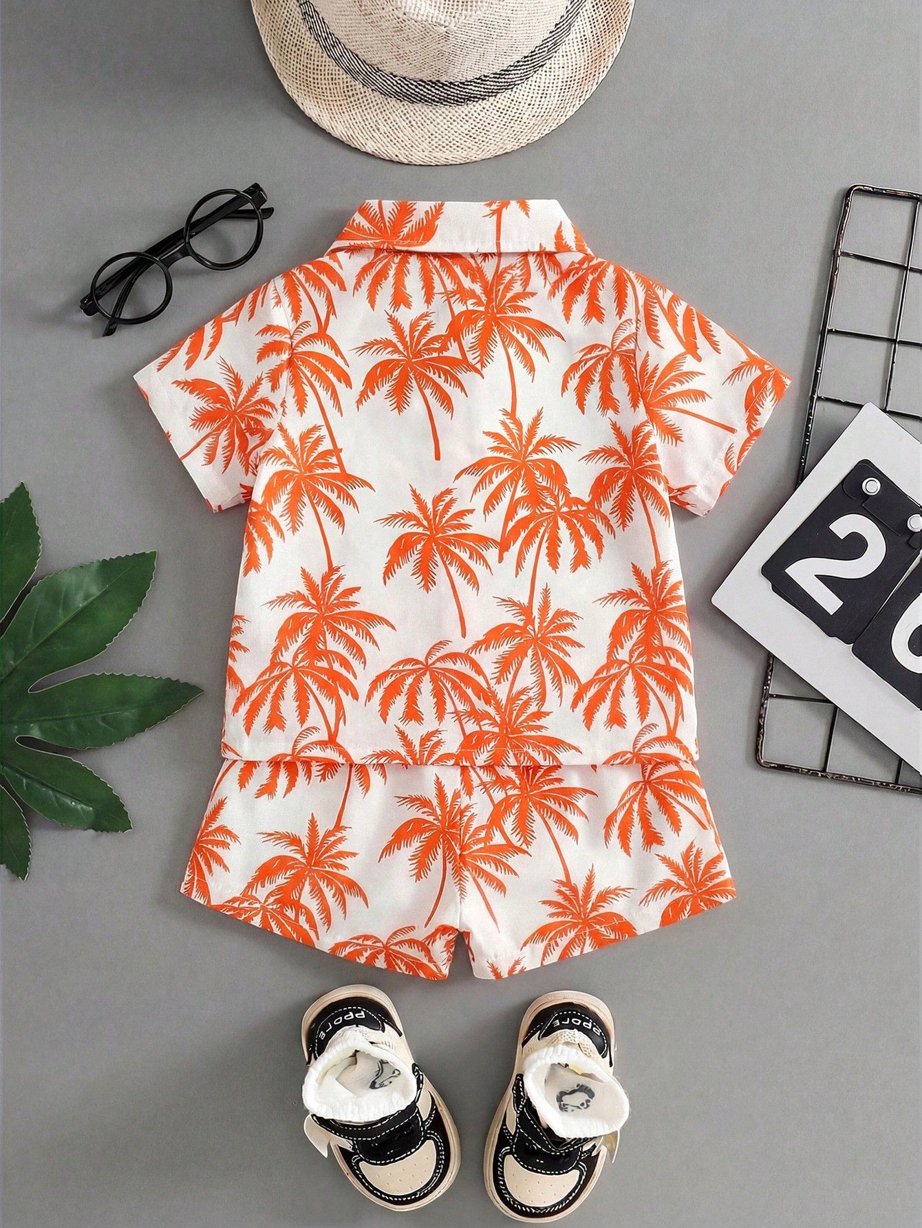 Playful Pals 2-Piece Baby/Toddler Boys' Orange Summer Casual Vacation Holiday Outfit Tropical Plant Pattern Short-Sleeved Hawaiian Shirt&Elastic Waistband Shorts