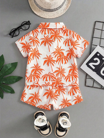Playful Pals 2-Piece Baby/Toddler Boys' Orange Summer Casual Vacation Holiday Outfit Tropical Plant Pattern Short-Sleeved Hawaiian Shirt&Elastic Waistband Shorts