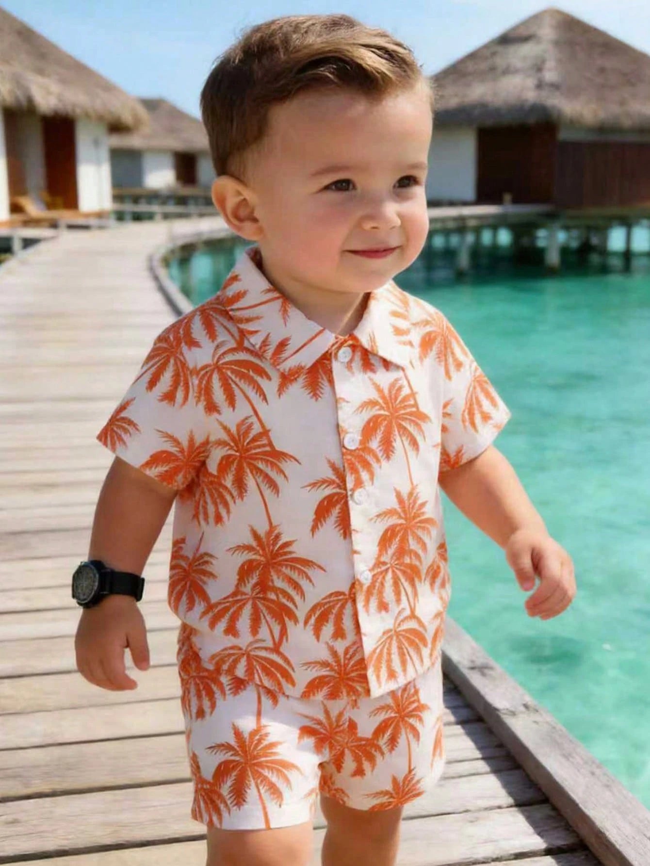 Playful Pals 2-Piece Baby/Toddler Boys' Orange Summer Casual Vacation Holiday Outfit Tropical Plant Pattern Short-Sleeved Hawaiian Shirt&Elastic Waistband Shorts