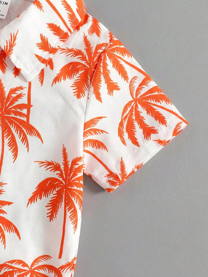 Playful Pals 2-Piece Baby/Toddler Boys' Orange Summer Casual Vacation Holiday Outfit Tropical Plant Pattern Short-Sleeved Hawaiian Shirt&Elastic Waistband Shorts