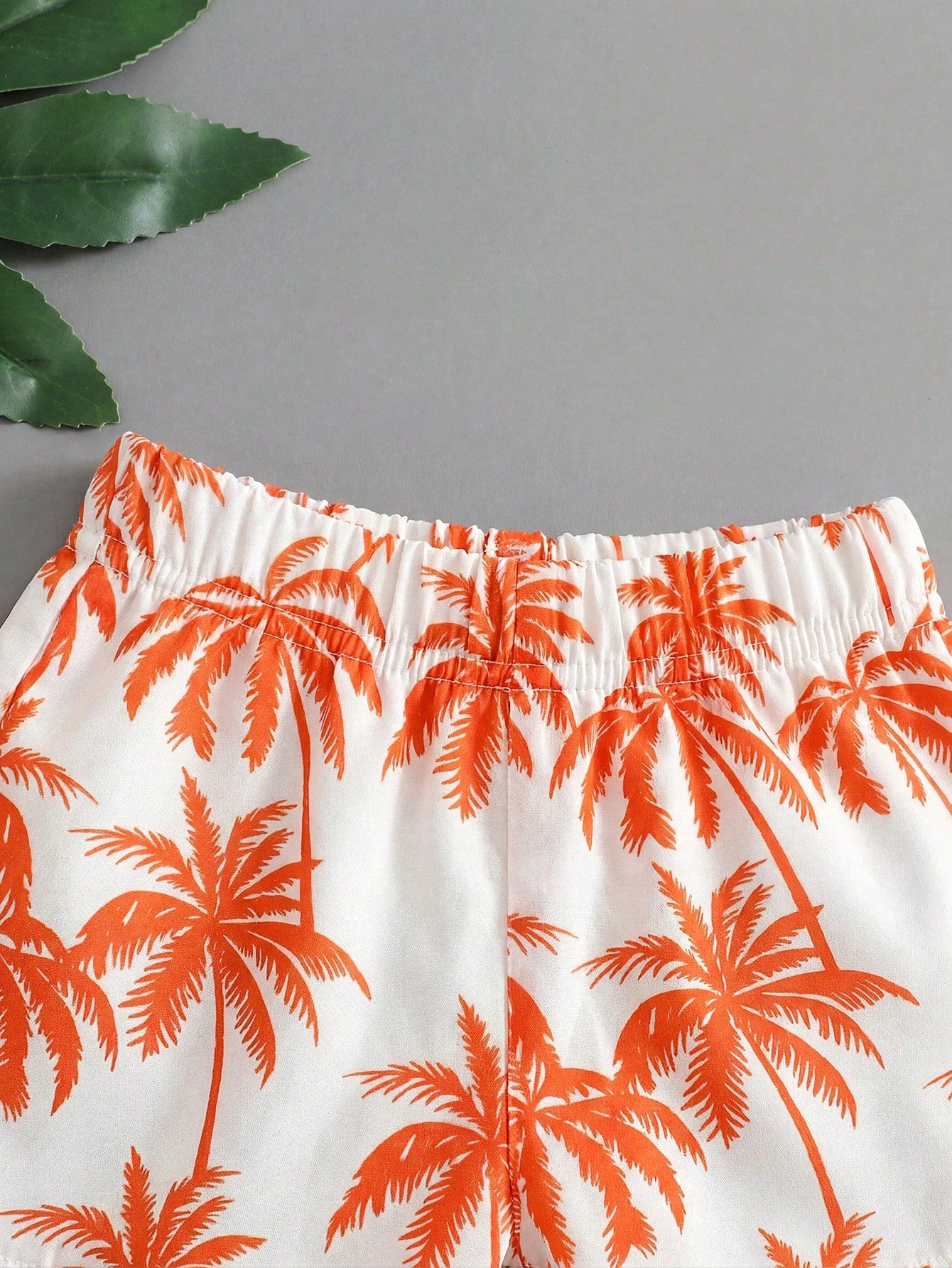Playful Pals 2-Piece Baby/Toddler Boys' Orange Summer Casual Vacation Holiday Outfit Tropical Plant Pattern Short-Sleeved Hawaiian Shirt&Elastic Waistband Shorts