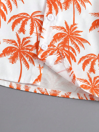 Playful Pals 2-Piece Baby/Toddler Boys' Orange Summer Casual Vacation Holiday Outfit Tropical Plant Pattern Short-Sleeved Hawaiian Shirt&Elastic Waistband Shorts