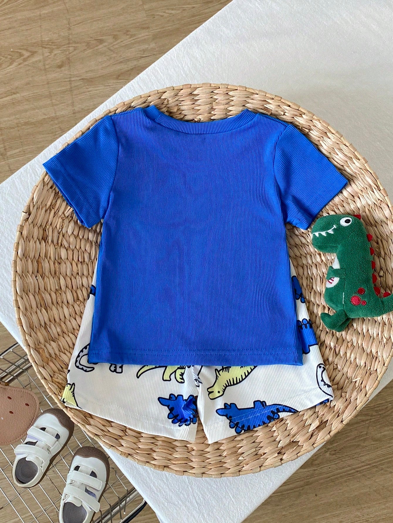 Playful Pals 2pcs Baby Boy Set Cartoon Bear Pattern Decorative Collar Short Sleeve Cardigan And Printed Bear Pattern Shorts, Baby Boy Shirt And Shorts Set, Ribbed Material Set, Baby Boy Clothing
