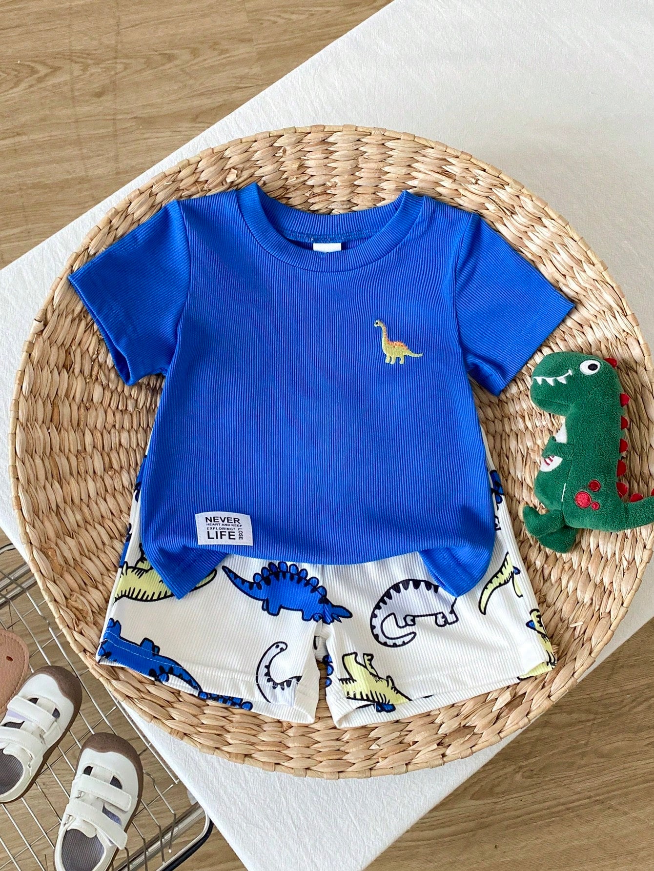 Playful Pals 2pcs Baby Boy Set Cartoon Bear Pattern Decorative Collar Short Sleeve Cardigan And Printed Bear Pattern Shorts, Baby Boy Shirt And Shorts Set, Ribbed Material Set, Baby Boy Clothing