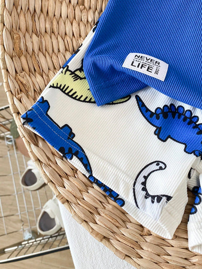 Playful Pals 2pcs Baby Boy Set Cartoon Bear Pattern Decorative Collar Short Sleeve Cardigan And Printed Bear Pattern Shorts, Baby Boy Shirt And Shorts Set, Ribbed Material Set, Baby Boy Clothing