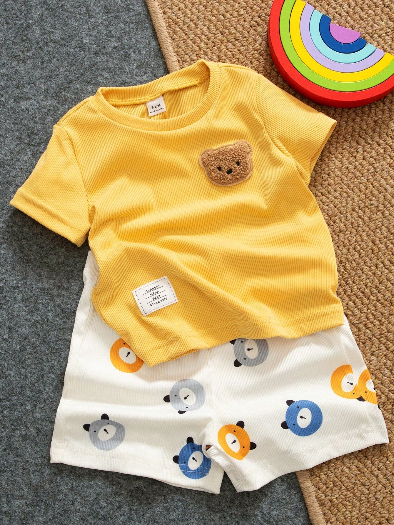 Playful Pals 2pcs Baby Boy Set Cartoon Bear Pattern Decorative Collar Short Sleeve Cardigan And Printed Bear Pattern Shorts, Baby Boy Shirt And Shorts Set, Ribbed Material Set, Baby Boy Clothing