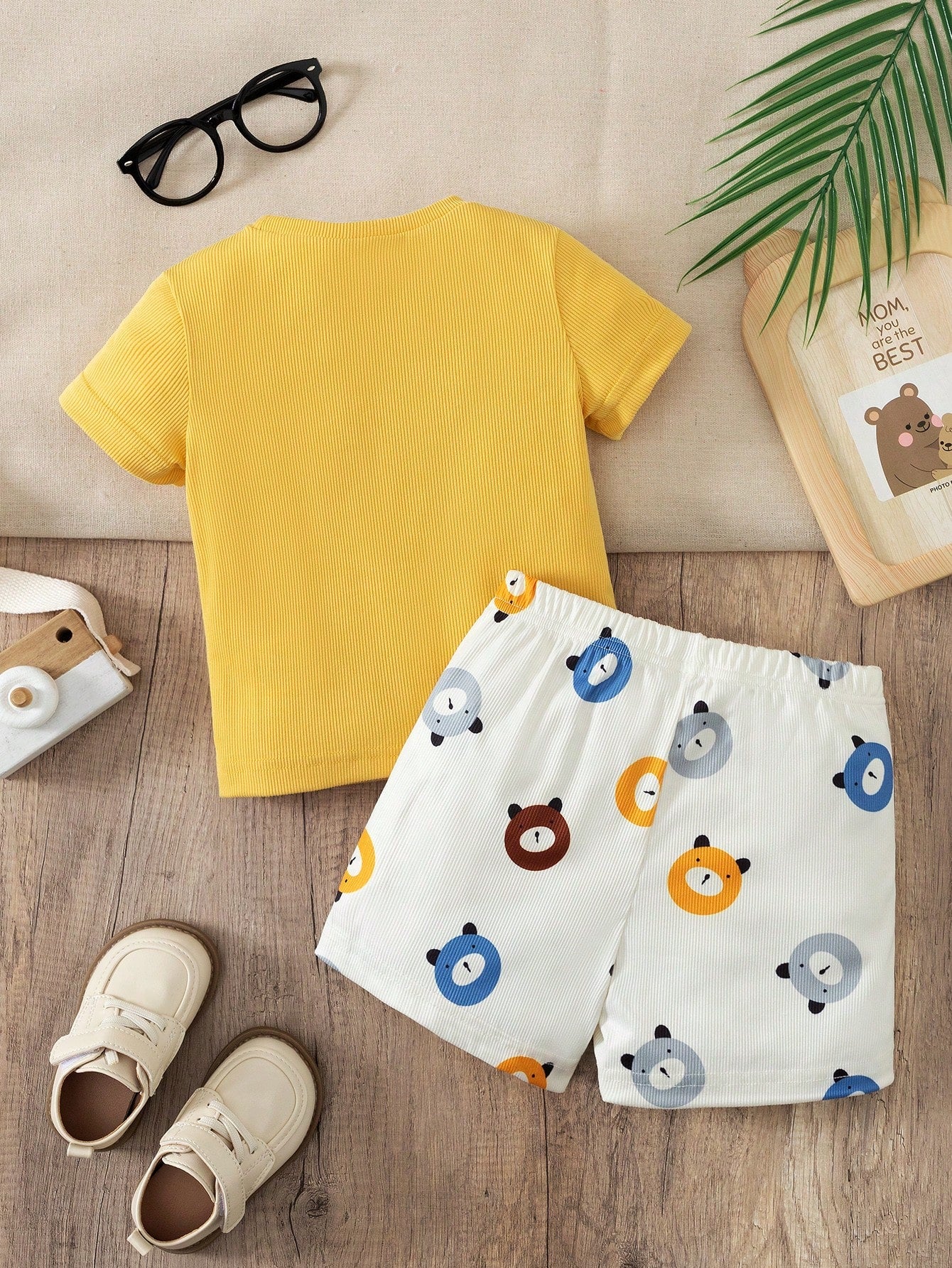 Playful Pals 2pcs Baby Boy Set Cartoon Bear Pattern Decorative Collar Short Sleeve Cardigan And Printed Bear Pattern Shorts, Baby Boy Shirt And Shorts Set, Ribbed Material Set, Baby Boy Clothing