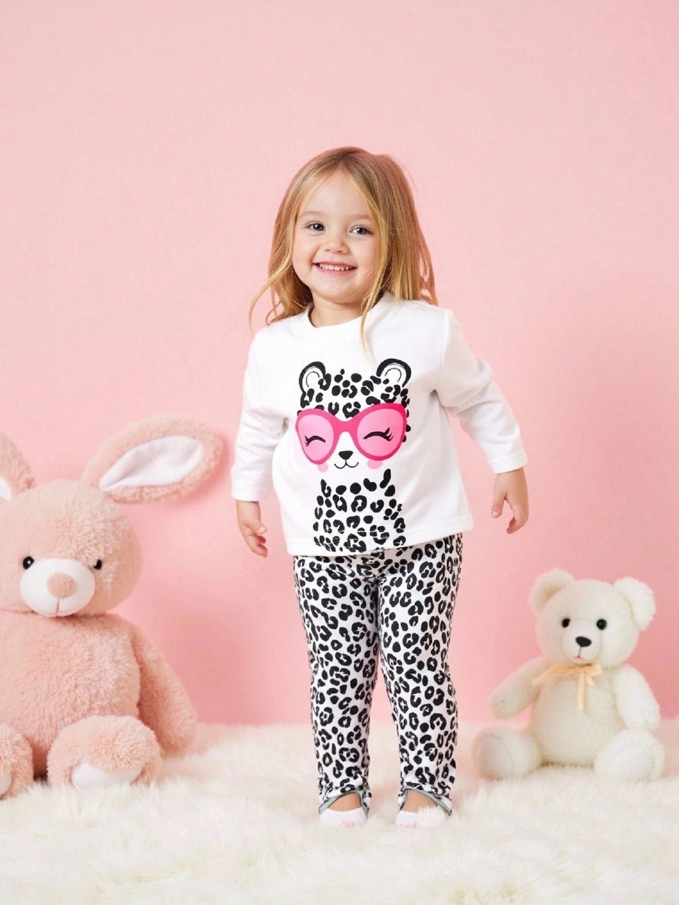 Playful Pals 2pcs/Set Baby Girls Cute Black And White Leopard Cat Pattern Long Sleeve T-Shirt And Pants Set,Autumn Family Matching Casual Comfortable Soft Outfit