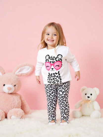 Playful Pals 2pcs/Set Baby Girls Cute Black And White Leopard Cat Pattern Long Sleeve T-Shirt And Pants Set,Autumn Family Matching Casual Comfortable Soft Outfit