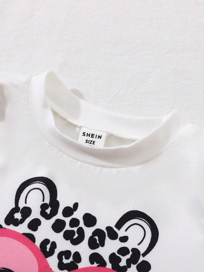 Playful Pals 2pcs/Set Baby Girls Cute Black And White Leopard Cat Pattern Long Sleeve T-Shirt And Pants Set,Autumn Family Matching Casual Comfortable Soft Outfit