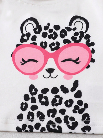 Playful Pals 2pcs/Set Baby Girls Cute Black And White Leopard Cat Pattern Long Sleeve T-Shirt And Pants Set,Autumn Family Matching Casual Comfortable Soft Outfit