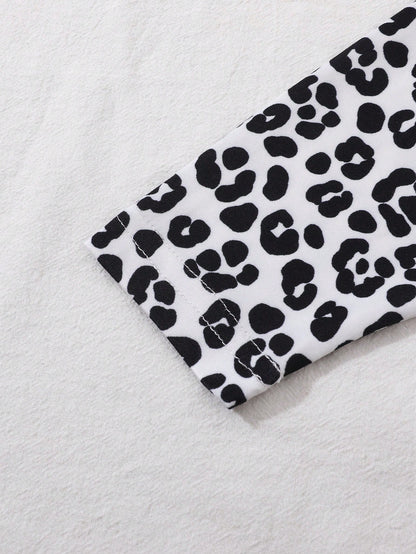 Playful Pals 2pcs/Set Baby Girls Cute Black And White Leopard Cat Pattern Long Sleeve T-Shirt And Pants Set,Autumn Family Matching Casual Comfortable Soft Outfit