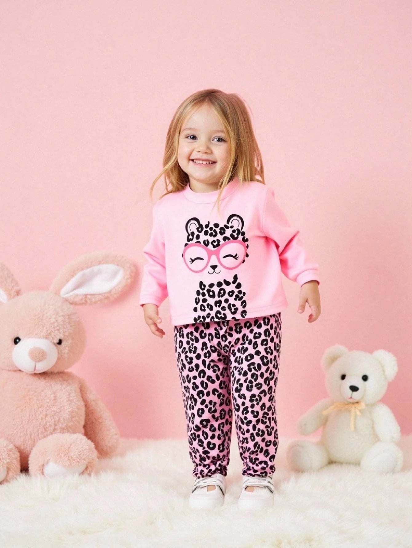 Playful Pals 2pcs/Set Baby Girls Cute Black And White Leopard Cat Pattern Long Sleeve T-Shirt And Pants Set,Autumn Family Matching Casual Comfortable Soft Outfit