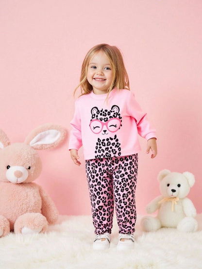 Playful Pals 2pcs/Set Baby Girls Cute Black And White Leopard Cat Pattern Long Sleeve T-Shirt And Pants Set,Autumn Family Matching Casual Comfortable Soft Outfit