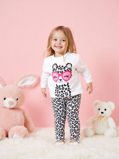 Playful Pals 2pcs/Set Baby Girls Cute Black And White Leopard Cat Pattern Long Sleeve T-Shirt And Pants Set,Autumn Family Matching Casual Comfortable Soft Outfit