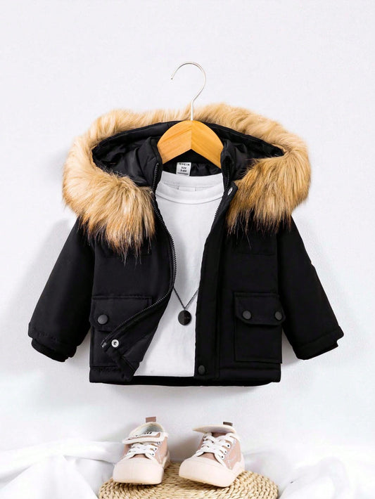Playful Pals Baby Boy Flap Pocket Fuzzy Trim Hooded Thermal Lined Jacket Without Tee
