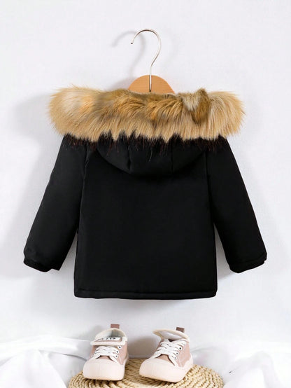 Playful Pals Baby Boy Flap Pocket Fuzzy Trim Hooded Thermal Lined Jacket Without Tee
