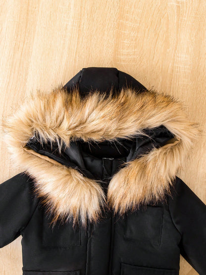 Playful Pals Baby Boy Flap Pocket Fuzzy Trim Hooded Thermal Lined Jacket Without Tee