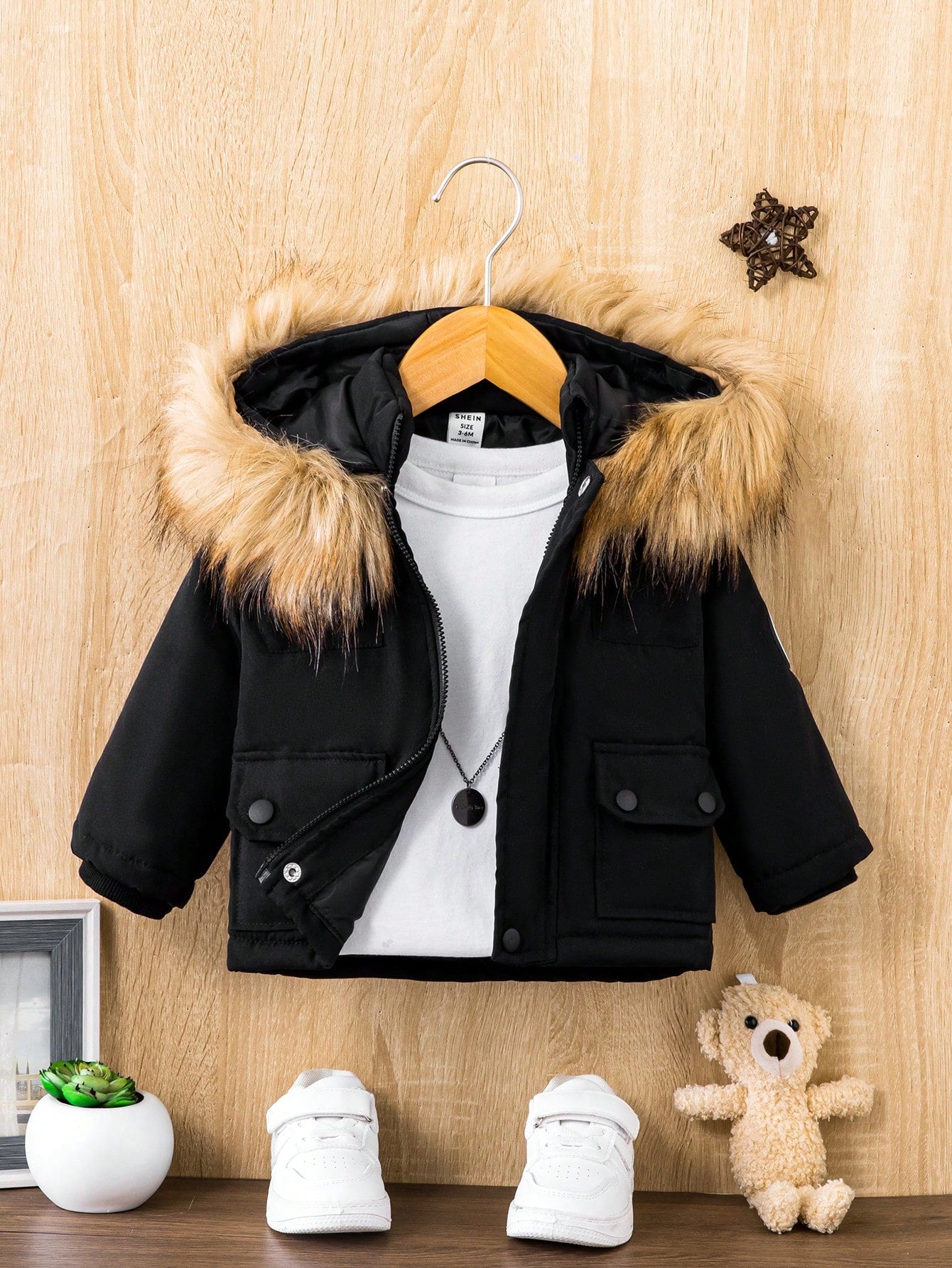Playful Pals Baby Boy Flap Pocket Fuzzy Trim Hooded Thermal Lined Jacket Without Tee