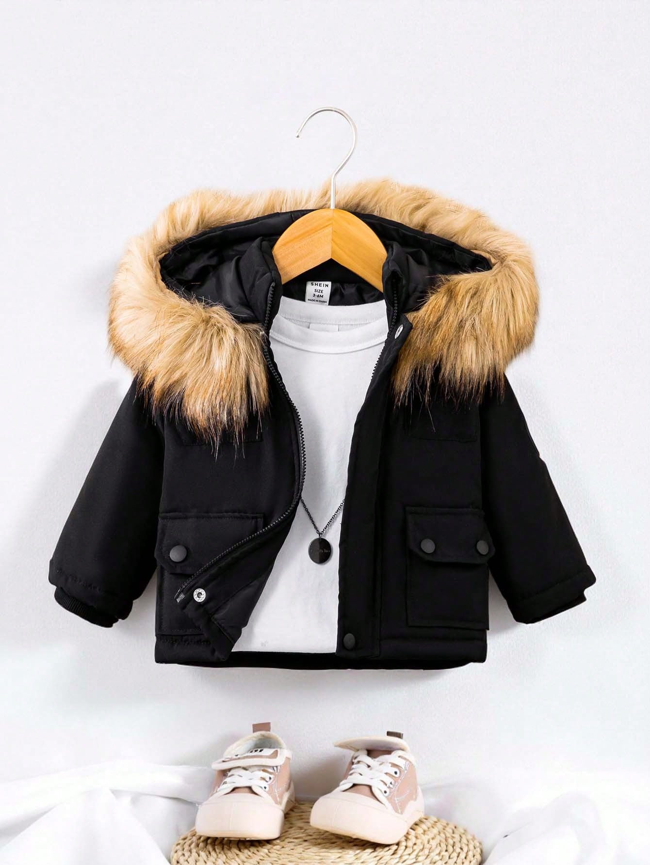 Playful Pals Baby Boy Flap Pocket Fuzzy Trim Hooded Thermal Lined Jacket Without Tee