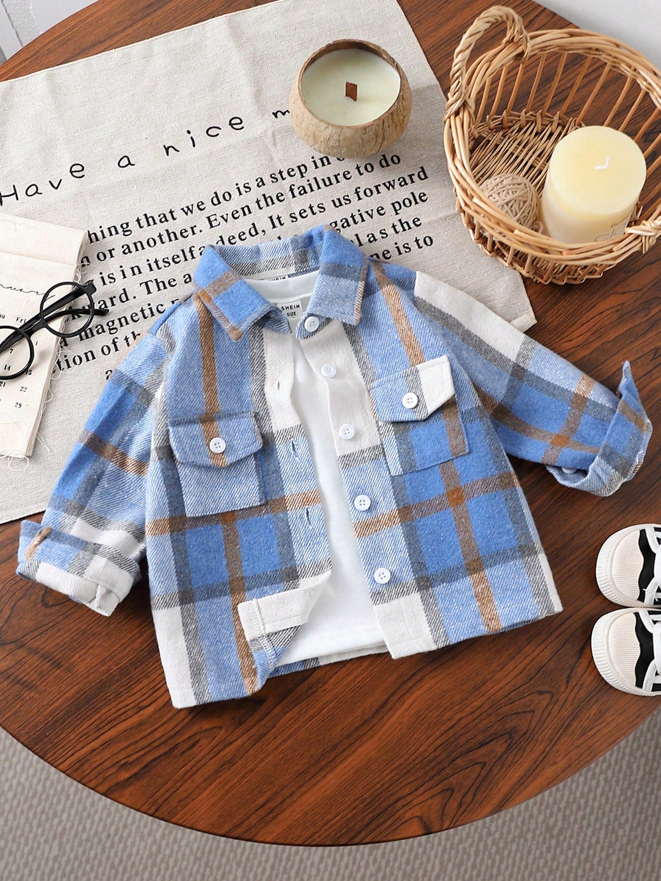 Playful Pals Baby Boy Plaid Pocket Accent Jacket,Long Sleeve Outerwear For Autumn,Back-To-School Navy Blue Contrast Modest Casual Fashionable Classic Jacket