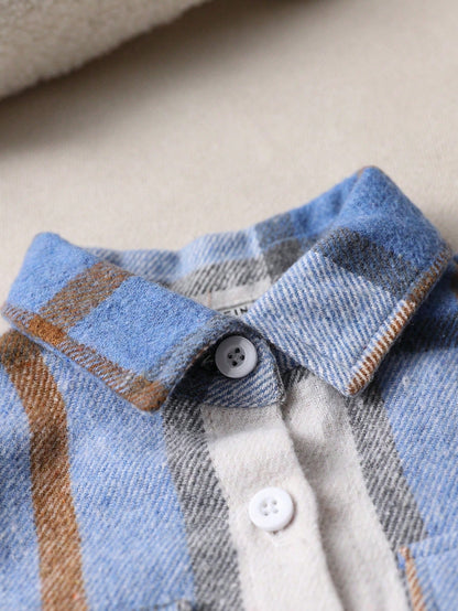 Playful Pals Baby Boy Plaid Pocket Accent Jacket,Long Sleeve Outerwear For Autumn,Back-To-School Navy Blue Contrast Modest Casual Fashionable Classic Jacket