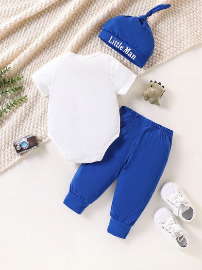 Playful Pals Baby Boys Cute Letter Print Hooded Bodysuit With Pants, Spring/Summer