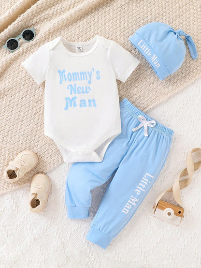 Playful Pals Baby Boys Cute Letter Print Hooded Bodysuit With Pants, Spring/Summer