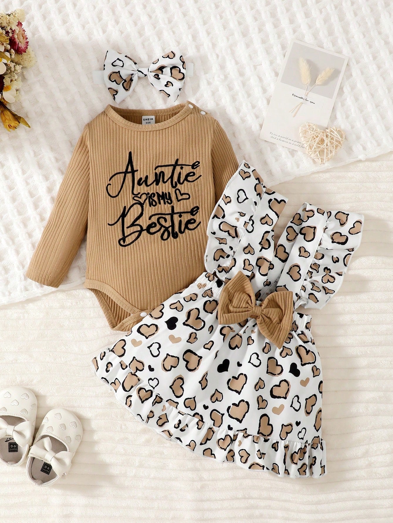 Playful Pals Baby Girl Slogan Graphic Bodysuit & Heart Print Bow Front Overall CuteRuffledMulticolorCottonLightweightBreathable Dress & Headband