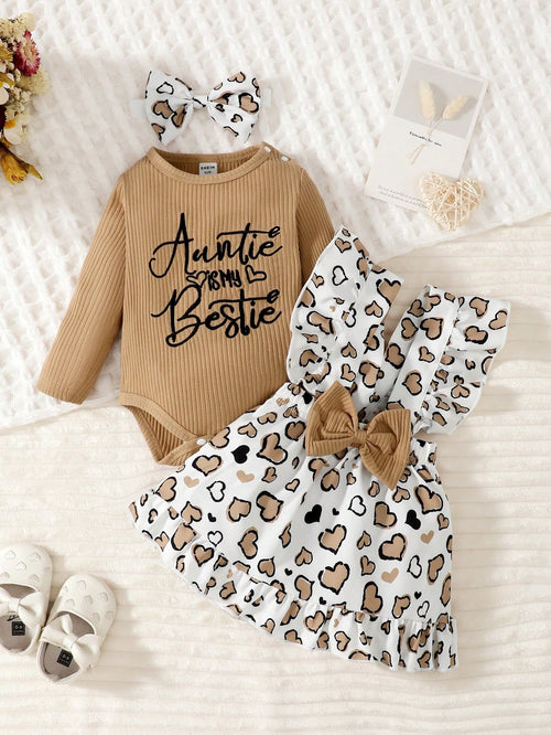 Playful Pals Baby Girl Slogan Graphic Bodysuit & Heart Print Bow Front Overall CuteRuffledMulticolorCottonLightweightBreathable Dress & Headband