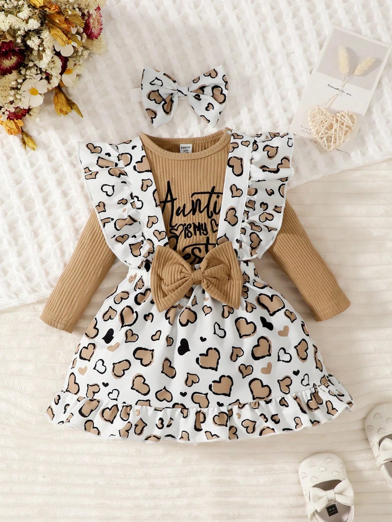 Playful Pals Baby Girl Slogan Graphic Bodysuit & Heart Print Bow Front Overall CuteRuffledMulticolorCottonLightweightBreathable Dress & Headband