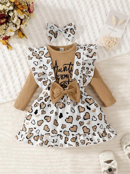 Playful Pals Baby Girl Slogan Graphic Bodysuit & Heart Print Bow Front Overall CuteRuffledMulticolorCottonLightweightBreathable Dress & Headband