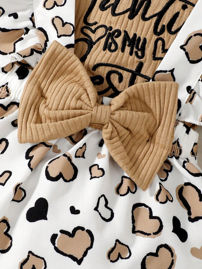 Playful Pals Baby Girl Slogan Graphic Bodysuit & Heart Print Bow Front Overall CuteRuffledMulticolorCottonLightweightBreathable Dress & Headband