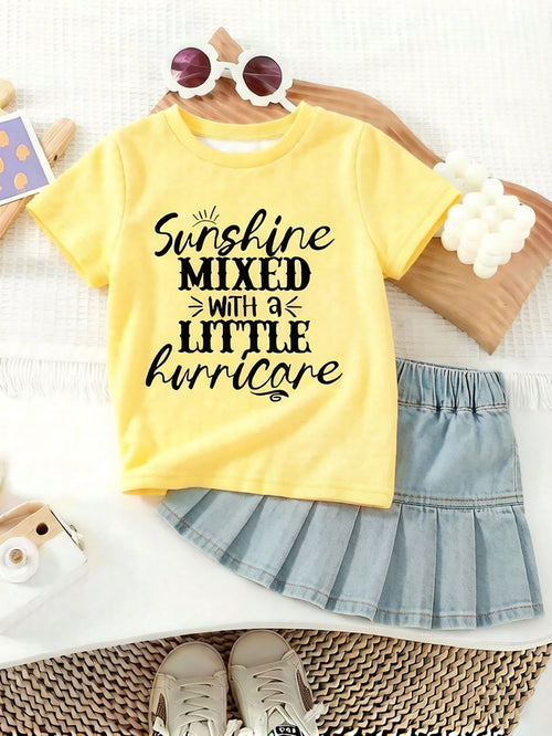 Playful Pals Baby Girls' Classic English Graphic Yellow Short Sleeve Pullover T-Shirt  Girl Clothing  Tops  Suitable For Spring/Summer  Fits 6M-3T