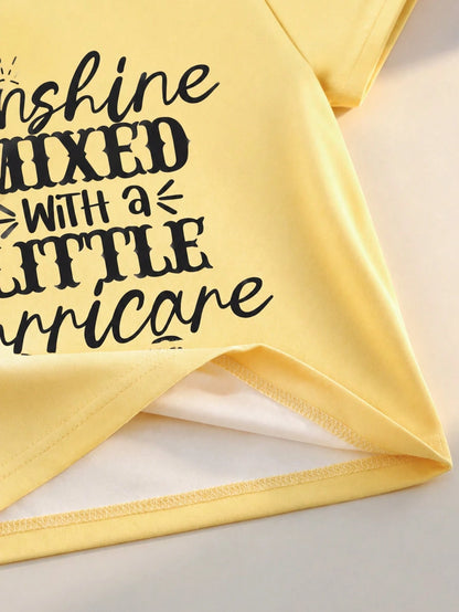 Playful Pals Baby Girls' Classic English Graphic Yellow Short Sleeve Pullover T-Shirt  Girl Clothing  Tops  Suitable For Spring/Summer  Fits 6M-3T