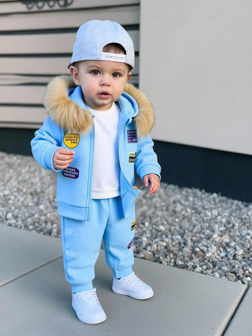 Playful Pals Toddler Boys'Hoodie Set Baby Blue Winter Cute Modest Date Furry Collar Hooded Top Embossed Chest Matching Casual Pants Baby Boy Tracksuit Versatile