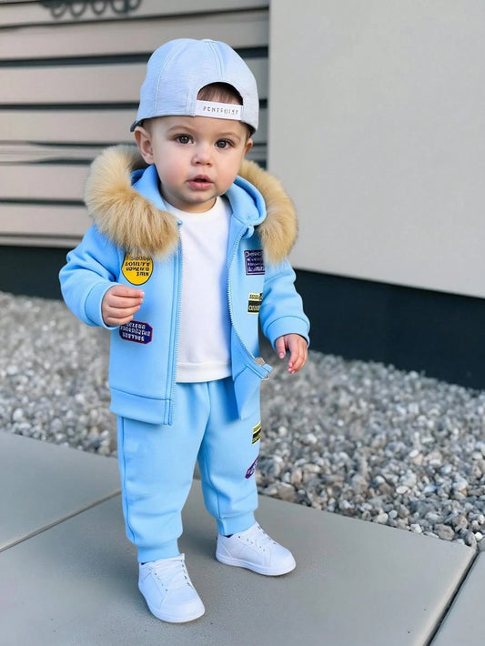 Playful Pals Toddler Boys'Hoodie Set Baby Blue Winter Cute Modest Date Furry Collar Hooded Top Embossed Chest Matching Casual Pants Baby Boy Tracksuit Versatile