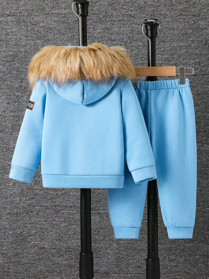 Playful Pals Toddler Boys'Hoodie Set Baby Blue Winter Cute Modest Date Furry Collar Hooded Top Embossed Chest Matching Casual Pants Baby Boy Tracksuit Versatile