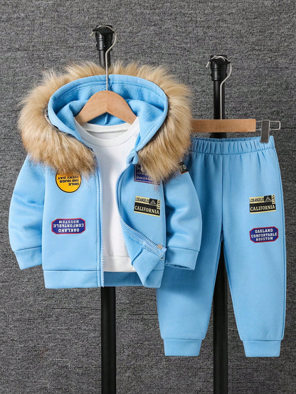 Playful Pals Toddler Boys'Hoodie Set Baby Blue Winter Cute Modest Date Furry Collar Hooded Top Embossed Chest Matching Casual Pants Baby Boy Tracksuit Versatile