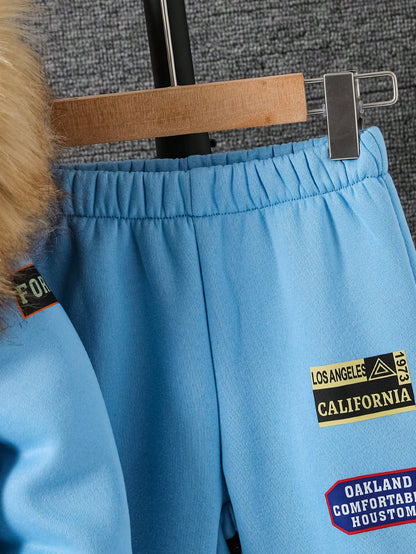 Playful Pals Toddler Boys'Hoodie Set Baby Blue Winter Cute Modest Date Furry Collar Hooded Top Embossed Chest Matching Casual Pants Baby Boy Tracksuit Versatile