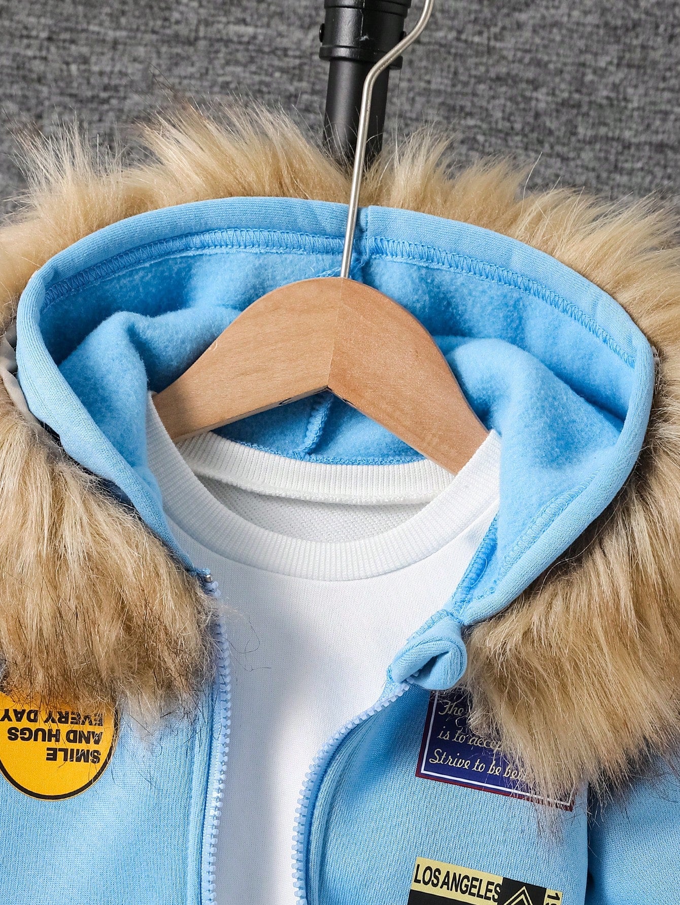 Playful Pals Toddler Boys'Hoodie Set Baby Blue Winter Cute Modest Date Furry Collar Hooded Top Embossed Chest Matching Casual Pants Baby Boy Tracksuit Versatile