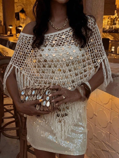 Plus Size 2026 New Arrival, Women's Resort Wear, This Khaki Shiny Crochet Shawl Is Perfect For Beach Vacation, Dates, Casual Outings, Music Festivals And Various Events. The Elegant And Sexy White Shi