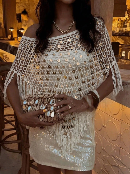 Plus Size 2026 New Arrival, Women's Resort Wear, This Khaki Shiny Crochet Shawl Is Perfect For Beach Vacation, Dates, Casual Outings, Music Festivals And Various Events. The Elegant And Sexy White Shi