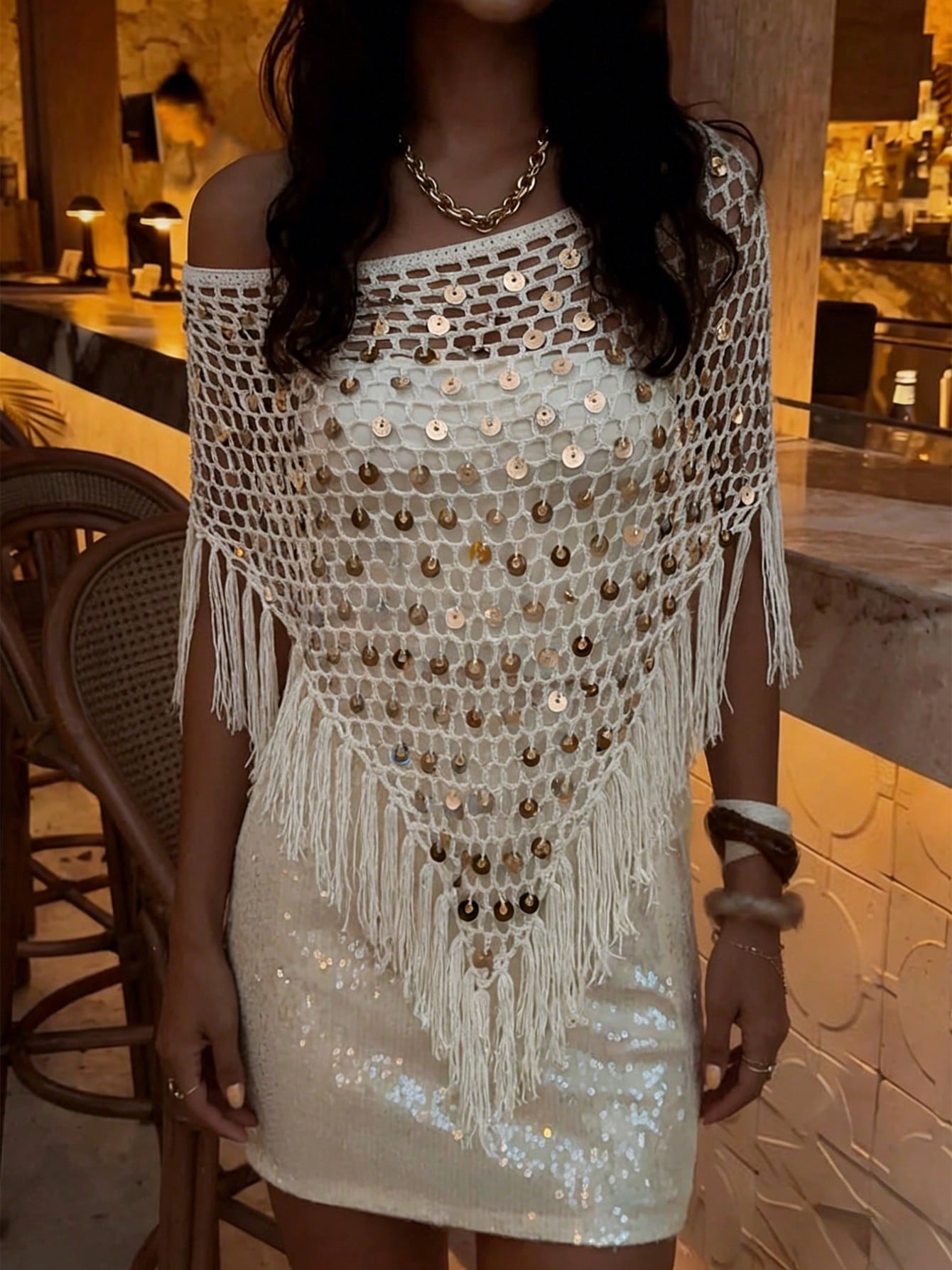 Plus Size 2026 New Arrival, Women's Resort Wear, This Khaki Shiny Crochet Shawl Is Perfect For Beach Vacation, Dates, Casual Outings, Music Festivals And Various Events. The Elegant And Sexy White Shi