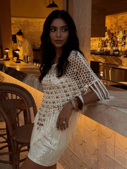 Plus Size 2026 New Arrival, Women's Resort Wear, This Khaki Shiny Crochet Shawl Is Perfect For Beach Vacation, Dates, Casual Outings, Music Festivals And Various Events. The Elegant And Sexy White Shi