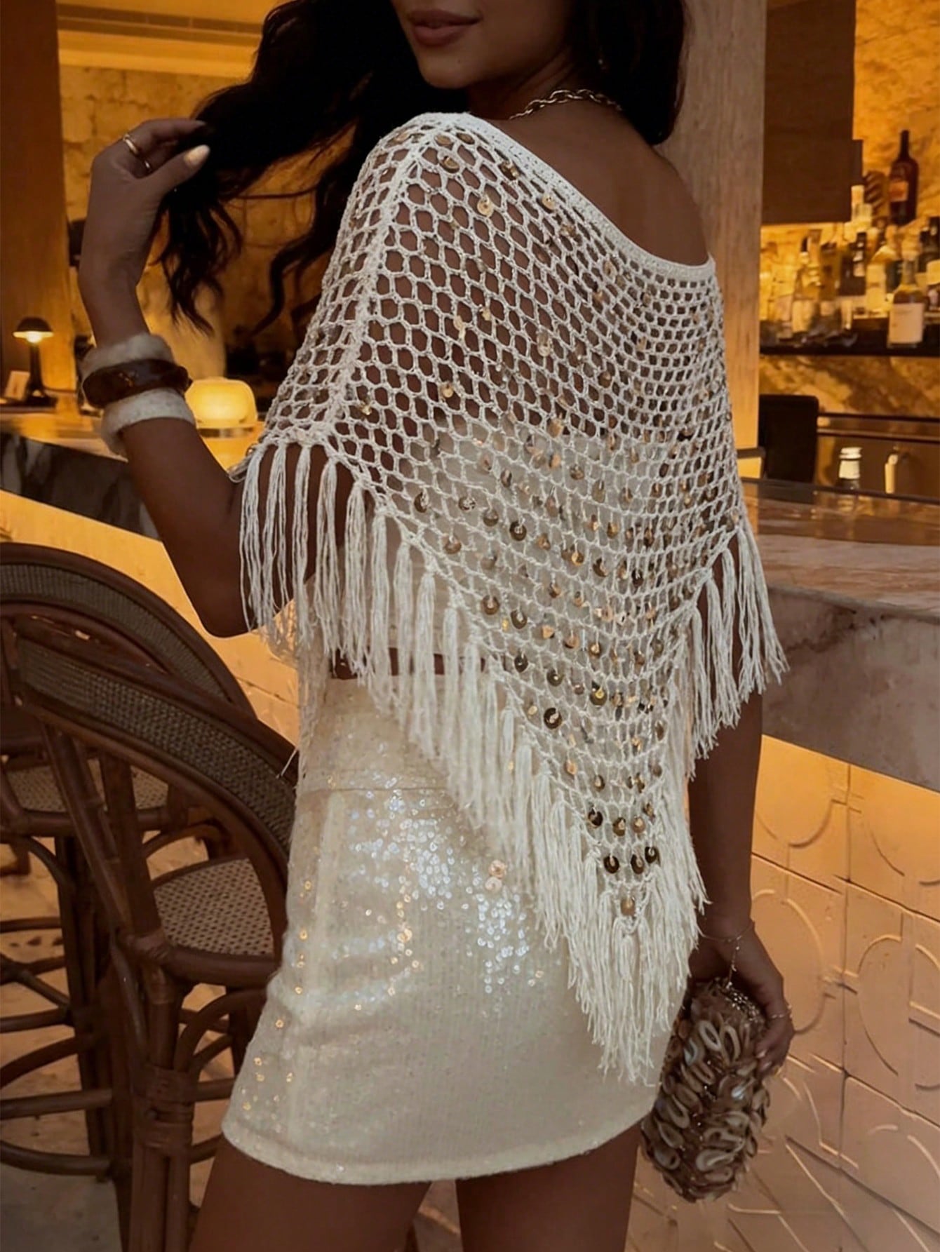 Plus Size 2026 New Arrival, Women's Resort Wear, This Khaki Shiny Crochet Shawl Is Perfect For Beach Vacation, Dates, Casual Outings, Music Festivals And Various Events. The Elegant And Sexy White Shi