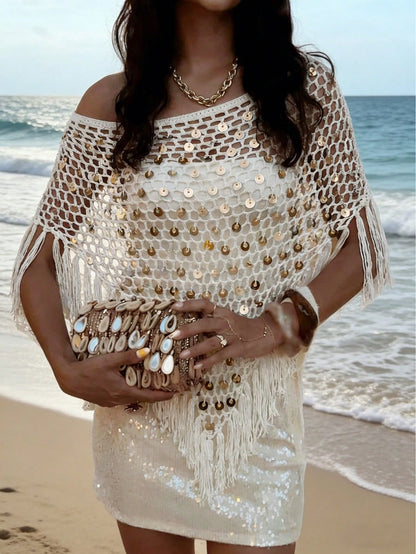 Plus Size 2026 New Arrival, Women's Resort Wear, This Khaki Shiny Crochet Shawl Is Perfect For Beach Vacation, Dates, Casual Outings, Music Festivals And Various Events. The Elegant And Sexy White Shi