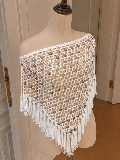 Plus Size 2026 New Arrival, Women's Resort Wear, This Khaki Shiny Crochet Shawl Is Perfect For Beach Vacation, Dates, Casual Outings, Music Festivals And Various Events. The Elegant And Sexy White Shi
